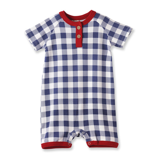 Picnic Plaid Bamboo Henley Shortall Romper for Baby Boys