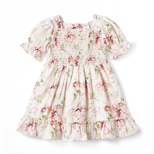 Blush Bouquet Smocked Bodice Puff Sleeve Dress