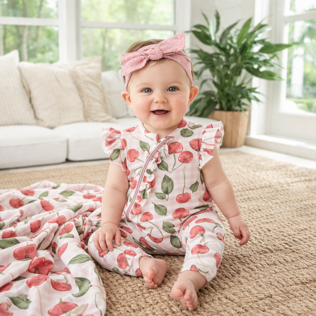 Cherry Picnic Baby Girl Romper – Soft Bamboo Zipper Pajamas