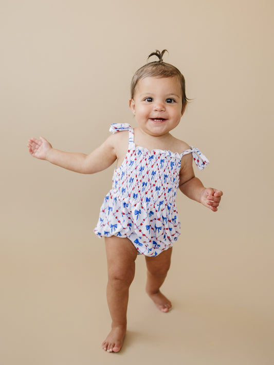 Smocked Red, White and Bows Bamboo Bubble Romper