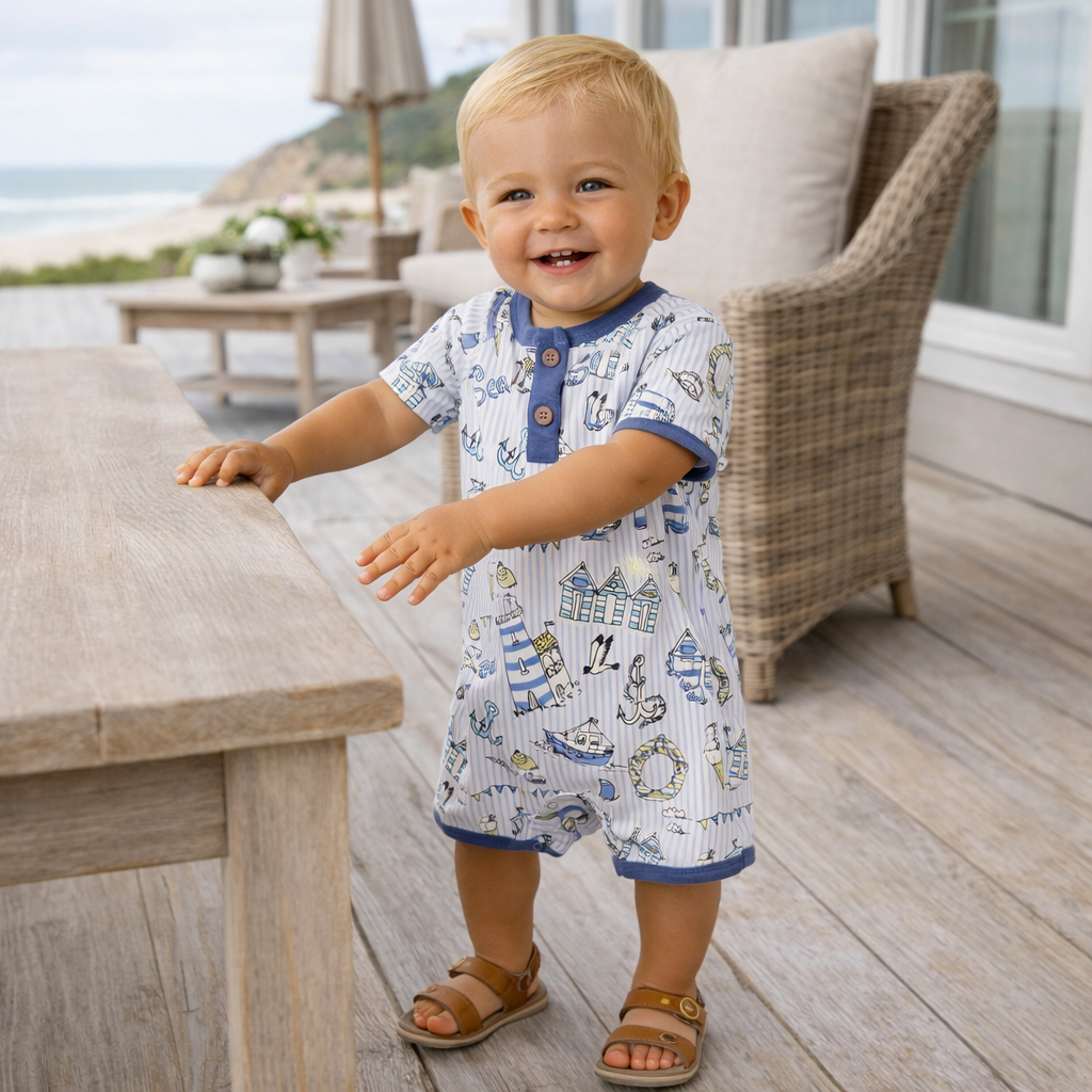 Seashore Baby Boy Romper – Bamboo Shortall One-Piece