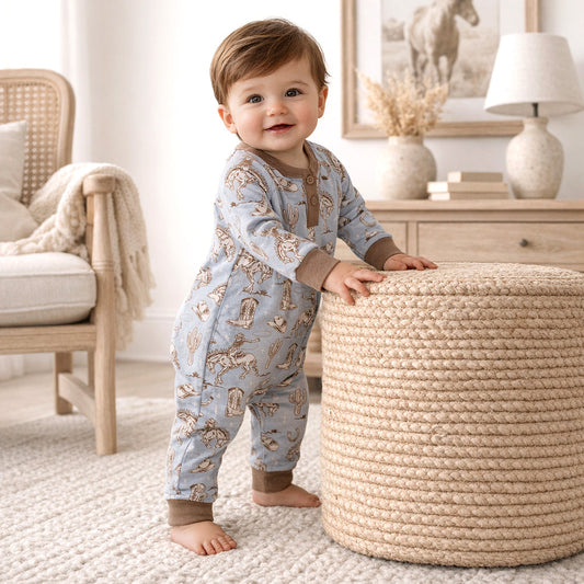 Wild Wrangler/Blue Western Bamboo Henley Cowboy Romper