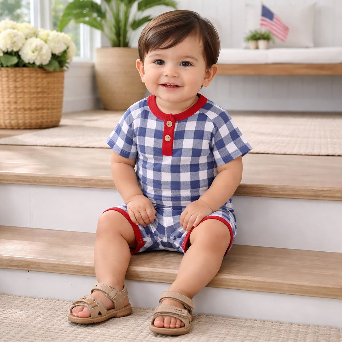 Picnic Plaid Bamboo Henley Shortall Romper for Baby Boys