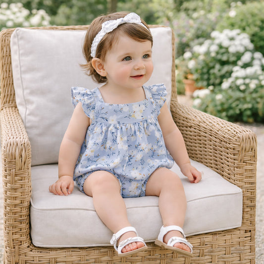 Baby Girl Blue Floral Bubble Romper – Cotton Linen Sunsuit