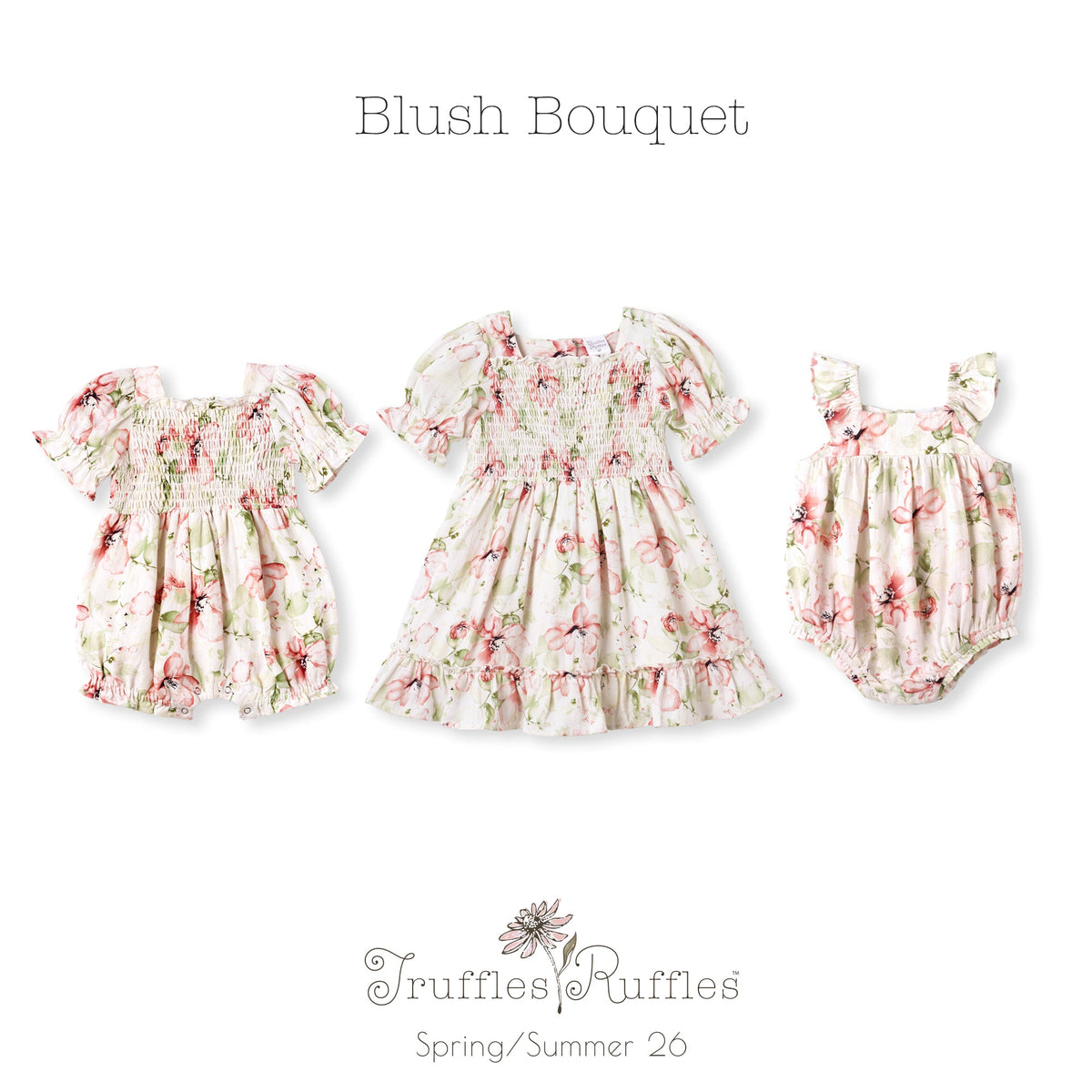 Blush Bouquet Smocked Bodice Puff Sleeve Dress