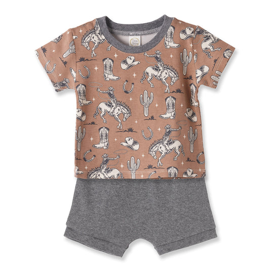 Wild Wrangler/Brown Western Bamboo Cotton Boys' Short Set